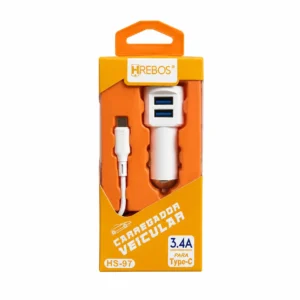 Kit Carregador Veicular 2 USB + Cabo Tipo C 3.4A HREBOS HS-97